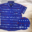 Load image into Gallery viewer, A full representation of 7-Strong's youth 1776 button down shirt against a Declaration of Independence background. Shirt is royal blue with stripes of various Americana icons, including the original 13 colonies and revolutionary war items. On the right of the picture, there is a close-up circle giving detail to the various icons on the shirt.
