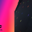 Load image into Gallery viewer, Close up, focusing on mid torso and button portion of short sleeve adult button down shirt, black as base color and adorned with multicolored version of our 7-Bolt design. Shirt is on a multicolor gradient-like background, and on the bottom left, the logo for onePULSE Foundation, our cause collection partner.