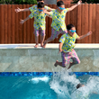 Load image into Gallery viewer, Youth model wearing the 7-Strong "Late Bloomer" youth button down - a yellow background shirt with white and blue flowers patterned all over it. Model is being shown multiple times in edited phases of jumping into a pool with the shirt on and googles... from beginning to jumping in to splashing into the pool.