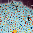 Load image into Gallery viewer, view of the 7-Strong "Cheat Day" adult and youth button downs overlapping each other featuring various snacks, treats, and fast food features on a light blue shirt. The shirt is displayed against a background of a gym weight rack