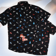 Load image into Gallery viewer, Full centered view of the youth and adult short sleeve versions of "Got 'Em!," overlapping one another. The button down features various athletic fashion sneakers in an 80bit format arranged all over a black shirt. The shirt is featured against a background of a basketball player jumping in air, noticeable sneakers being worn.