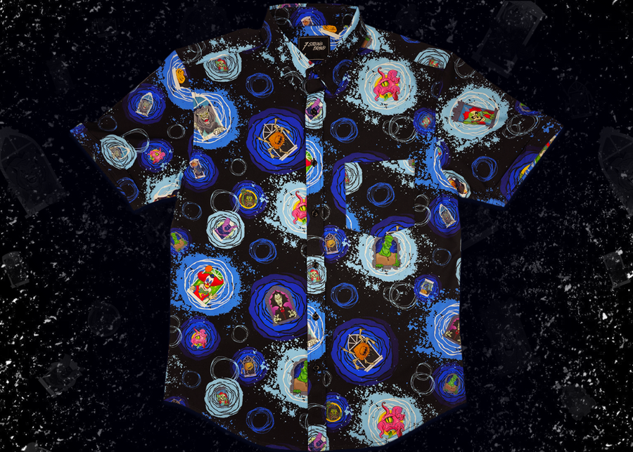 Full centered view of the Twi-Fright Zone 7-Strong button down, featuring various shade of blue and black portals opening on a black background with various haunting creatures emerging from them. The shirt is featured on a similar dark background, with various of the characters seen in the background.