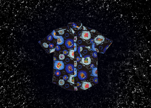 Full view of the youth Twi-Fright Zone 7-Strong button down, featuring various shade of blue and black portals opening on a black background with various haunting creatures emerging from them. The shirt is featured on a similar dark background, with various of the characters seen in the background.
