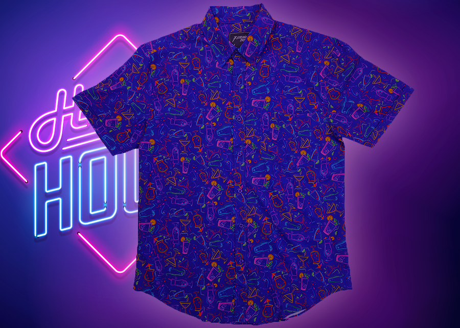 Full centered view of the 7-Strong "Happy Hour" button down shirt, featuring a multitude of neon colored drinks and glassware with garnishes, mixes, and the like all over a deep purple background. The shirt is displayed against a gradient purple background with a neon sign signaling "Happy Hour."