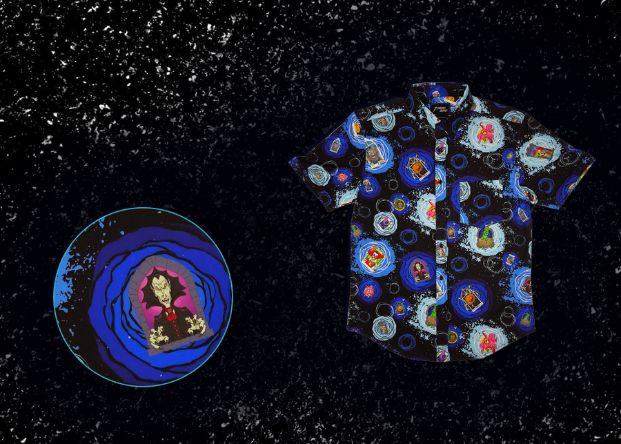 3/4 Full view of the Twi-Fright Zone 7-Strong button down, featuring various shade of blue and black portals opening on a black background with various haunting creatures emerging from them. The shirt is featured on a similar dark background, with various of the characters seen in the background. Bottom left features a detail circle showing an upclose look at some of the shirt's design. 