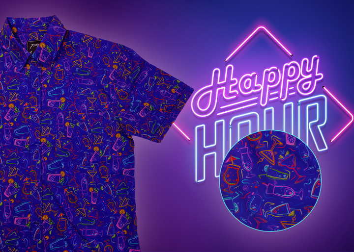 3/4 full view of the 7-Strong "Happy Hour" button down shirt, featuring a multitude of neon colored drinks and glassware with garnishes, mixes, and the like all over a deep purple background. The shirt is displayed against a gradient purple background with a neon sign signaling "Happy Hour." The bottom right corner features a detail circle that has an up close look at the shirt design.  