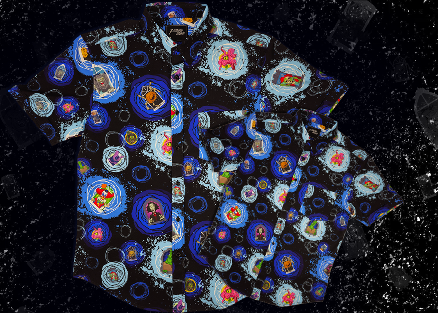 Centered, overlapping full view of the adult and youth Twi-Fright Zone 7-Strong button down, featuring various shade of blue and black portals opening on a black background with various haunting creatures emerging from them. The shirt is featured on a similar dark background, with various of the characters seen in the background.