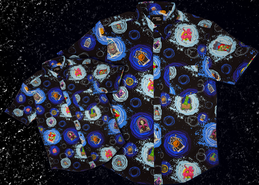 Centered, overlapping full view of the  adult and youth Twi-Fright Zone 7-Strong button down, featuring various shade of blue and black portals opening on a black background with various haunting creatures emerging from them. The shirt is featured on a similar dark background, with various of the characters seen in the background.