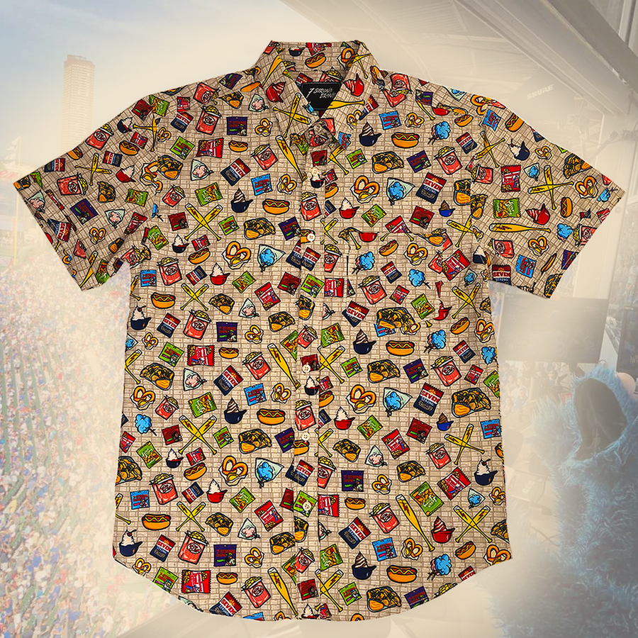Colorful patterned shirt with various icons on a plain background