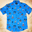 Load image into Gallery viewer, Full view of the 7-Strong &quot;7-Seas&quot; shirt, a bright blue colored shirt with various nautical depictions such as islands, ships, mermaids, etc - drawn in a treasure map like fashion. The shirt is displayed against a weathered treasure map and compass background.
