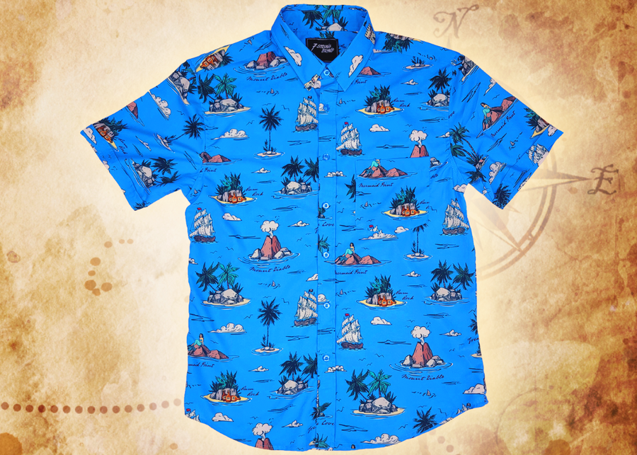 Full view of the 7-Strong "7-Seas" shirt, a bright blue colored shirt with various nautical depictions such as islands, ships, mermaids, etc - drawn in a treasure map like fashion. The shirt is displayed against a weathered treasure map and compass background.
