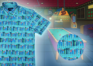 3/4 full view of the 7-Strong adult "I'd Tap That" shirt - in a bright seafoam green color, the shirt features rows of custom beer tap handles modeled after previous 7-Strong designs. The shirt is displayed on a cartoon bar background. The bottom right detail circle shows the rows of tap handles up close. 