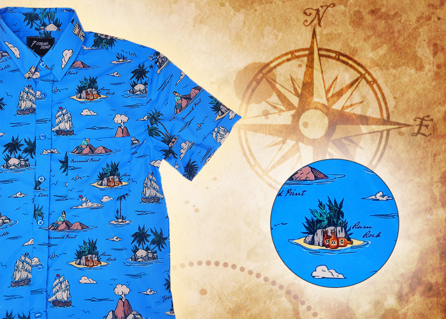 A 3/4 view of the 7-Strong "7-Seas" shirt, a bright blue colored shirt with various nautical depictions such as islands, ships, mermaids, etc - drawn in a treasure map like fashion. The shirt is displayed against a weathered treasure map and compass background. The bottom right features a detail circle highlighting one of the drawings on the shirt. 