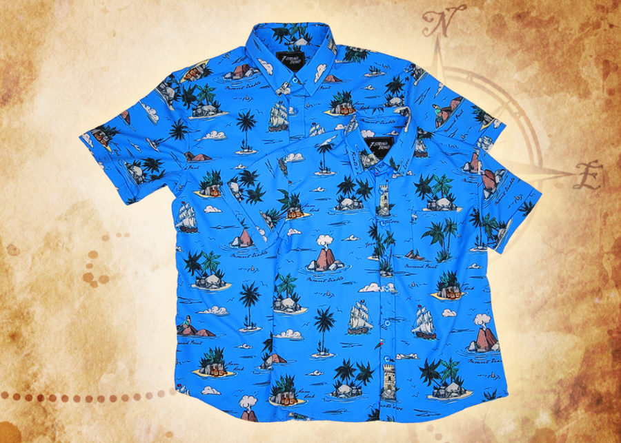 Overlapping full view of the adult and youth 7-Strong "7-Seas" shirt, a bright blue colored shirt with various nautical depictions such as islands, ships, mermaids, etc - drawn in a treasure map like fashion. The shirt is displayed against a weathered treasure map and compass background.