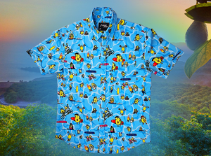 Full, centered, close up view of the 7-Strong Avocado Coast button down featuring various avocado characters engaging in summer activities such as grilling, playing volleyball, weightlifting, surfing, etc against a blue shimmery wave looking background. The shirt is displayed on a coastal rainforest background. 