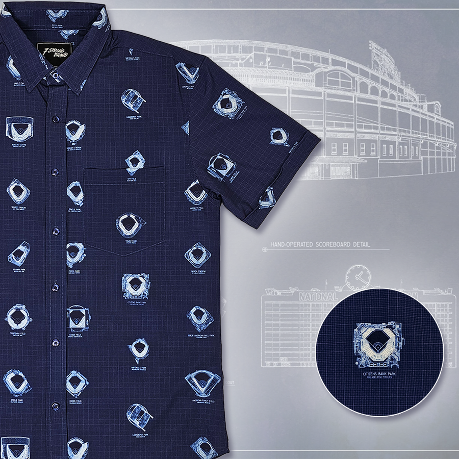 7-Strong's adult Ballpark Blueprints shirt, featuring overhead maps of all the major league stadiums, left justified against a background of one of the drawn maps. Bottom right features a detail circle of one of the stadium designs. 