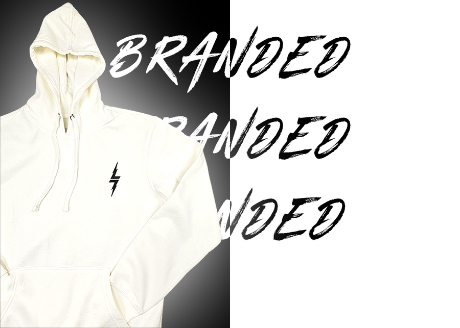 3/4, right aligned view of the front of the 7-Strong white 'Branded' hoodie, featuring a black 7-bolt logo on the left chest. Hoodie is featured against a half black/half white background with the word "BRANDED" written three times down the middle.