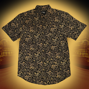 Short-sleeve shirt with a detailed gold dragon pattern on a yellow background
