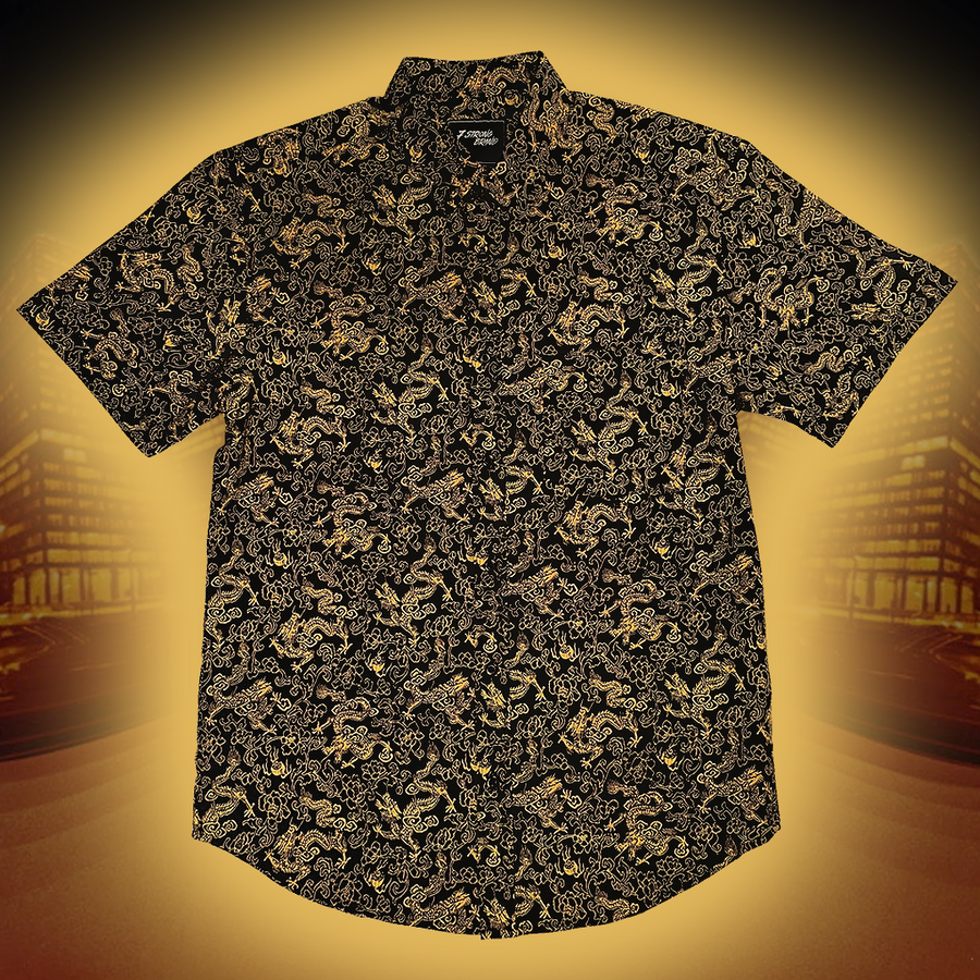 Short-sleeve shirt with a detailed gold dragon pattern on a yellow background