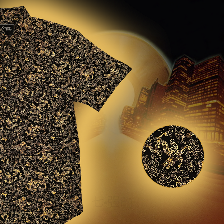 Black shirt with gold dragon pattern on a dark background against a cityscape