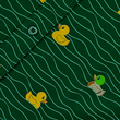 Load image into Gallery viewer, A centered middle view of the 7-Strong &quot;Duck O&#39; The Irish&quot; adult button down, featuring a deep green water-replicating background with various rubber ducks swimming along the waves. 
