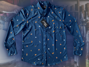 Full layout of "Call Me Old Fashioned" adult long sleeve button-down. Features elements of an Old Fashioned cocktail (bottle of bourbon, glasses, oranges, stirrers, and ice) against a blue background which faintly spells out an Old Fashioned recipe. Shirt is on a background featuring a finished Old Fashioned. The shirt is displayed on the background of a bartender making an old fashioned cocktail.