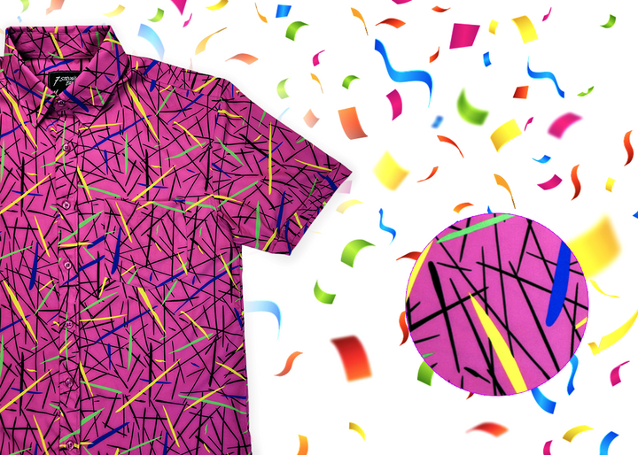 a 3/4 view of the 7-Strong adult "Strongfetti" button down, a bold pink shirt featuring black, yellow, lime green, and navy blue scratches that appear like confetti falling from the sky. The shirt is featured on a white background with colorful falling confetti. The bottom right of the photo features a close up circle detailing the shirt's design. 
