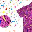 Load image into Gallery viewer, a 3/4 view of the 7-Strong adult &quot;Strongfetti&quot; button down, a bold pink shirt featuring black, yellow, lime green, and navy blue scratches that appear like confetti falling from the sky. The shirt is featured on a white background with colorful falling confetti. The bottom left of the photo features a close up circle detailing the shirt&#39;s design.
