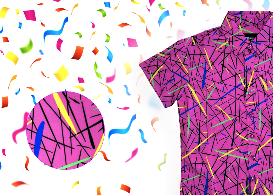 a 3/4 view of the 7-Strong adult "Strongfetti" button down, a bold pink shirt featuring black, yellow, lime green, and navy blue scratches that appear like confetti falling from the sky. The shirt is featured on a white background with colorful falling confetti. The bottom left of the photo features a close up circle detailing the shirt's design.