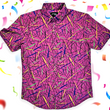 Load image into Gallery viewer, A full, centered view of the 7-Strong adult &quot;Strongfetti&quot; button down, a bold pink shirt featuring black, yellow, lime green, and navy blue scratches that appear like confetti falling from the sky. The shirt is featured on a white background with colorful falling confetti.
