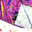 Load image into Gallery viewer, A bottom sweep tag view of the 7-Strong adult &quot;Strongfetti&quot; button down, a bold pink shirt featuring black, yellow, lime green, and navy blue scratches that appear like confetti falling from the sky. The shirt is featured on a white background with colorful falling confetti.
