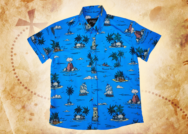 A full view of the 7-Strong "7-Seas" shirt, a bright blue colored shirt with various nautical depictions such as islands, ships, mermaids, etc - drawn in a treasure map like fashion. The shirt is displayed against a weathered treasure map and compass background.