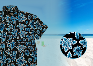 3/4 view of the 7-Strong youth Electric Palms shirt, a collection of electric blue palm fronds featured against a black shirt. Shirt is displayed against a scenic beach background. Bottom right features a detail circle showing the design up close.