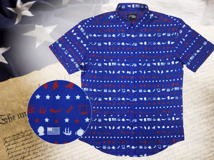 A full representation of 7-Strong's 1776 button down shirt against a Declaration of Independence background. Shirt is royal blue with stripes of various Americana icons, including the original 13 colonies and revolutionary war items. On the left of the picture, there is a close-up circle giving detail to the various icons on the shirt.