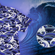 Load image into Gallery viewer, 3/4 view of the 7-Strong &quot;Let &#39;Er Riptipe&quot; Adult button down shirt, featuring an array of indigo and purple waves with whitecaps all over. The shirt is featured against a purple tinted background of a wave cresting. Bottom right corner features a detail circle highlighting the waves and colors of the shirt. 
