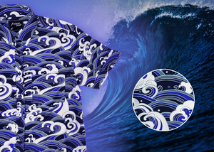 3/4 view of the 7-Strong "Let 'Er Riptipe" Adult button down shirt, featuring an array of indigo and purple waves with whitecaps all over. The shirt is featured against a purple tinted background of a wave cresting. Bottom right corner features a detail circle highlighting the waves and colors of the shirt. 