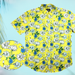 Load image into Gallery viewer, Full view of the 7-Strong &quot;Late Bloomer&quot; adult button down - a yellow background shirt with white and blue flowers patterned all over it. Shirt is against a blue tropical sky with palm trees in the distance. Bottom left of photo has a detail circle which showcases the flowers on the shirt. 
