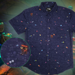 Load image into Gallery viewer, Full view shot of the 7-Strong &quot;Mine Train&quot; adult button up. Shirt is a deep purple with a rock quarry depicting ghosted design showcasing various colors of gemstones and mine train carts throughout. The shirt itself is displayed against a background of a mine shaft and various gems found in buckets. Bottom left corner has a detail circle depicting a close up of the shirt design. 
