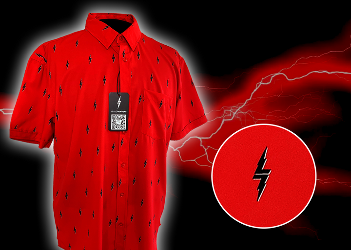 Full view of the 7-Strong Red 7-Bolt short sleeve shirt, featuring black 7-bolts with a white drop shadow interspersed on a red background. The shirt is featured on a red lightning storm backdrop. The bottom left features a detail circle showing the 7-bolt design up close. 