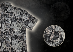 3/4 view of the adult 7-Strong "Cinco de Mayhem" button down shirt. Shirt features black and white posters featuring various created luchadors advertised for matches, all overlapping each other over a black shirt. Shirt is displayed on a black gradient background with some of the characters ghosted in the back. Bottom right features a detail circle showcasing some of the art up close. 