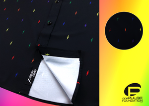 Close up, focusing on sweep tag portion of short sleeve adult button down shirt, black as base color and adorned with multicolored version of our 7-Bolt design. Shirt is on a multicolor gradient-like background, in the upper right corner there is a circled out close up of the colored 7-bolts and on the bottom right, the logo for onePULSE Foundation, our cause collection partner. 