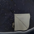 Load image into Gallery viewer, Bottom sweep tag portion view of the short-sleeve Stargazer button down shirt. A deep navy blue shirt with constellation star patterns throughout. The shirt is displayed against a night sky full of stars.
