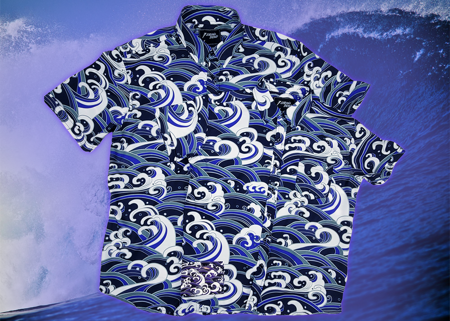 Full view of the 7-Strong "Let 'Er Riptipe" Adult  and Youth button down shirts overlapping each other, featuring an array of indigo and purple waves with whitecaps all over. The shirt is featured against a purple tinted background of a wave cresting.
