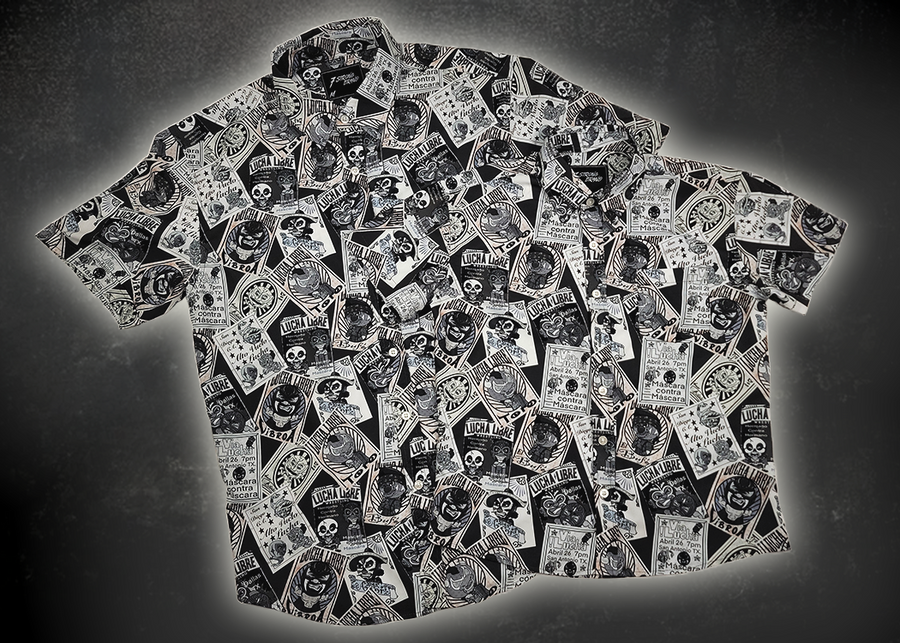 Full overlapping view of the youth and adult 7-Strong "Cinco de Mayhem" button down shirts. Shirt features black and white posters featuring various created luchadors advertised for matches, all overlapping each other over a black shirt. Shirt is displayed on a black gradient background with some of the characters ghosted in the back.