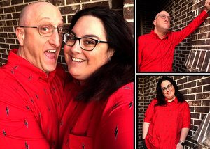 A 3 box of a couple modeling the 7-Strong Red 7-Bolt short sleeve and long sleeve shirts, featuring black 7-bolts with a white drop shadow interspersed on a red background. Left box features the models side-by-side in a medium shot. Top right box has male model sporting long-sleeve. Bottom left box has female in short sleeve.  