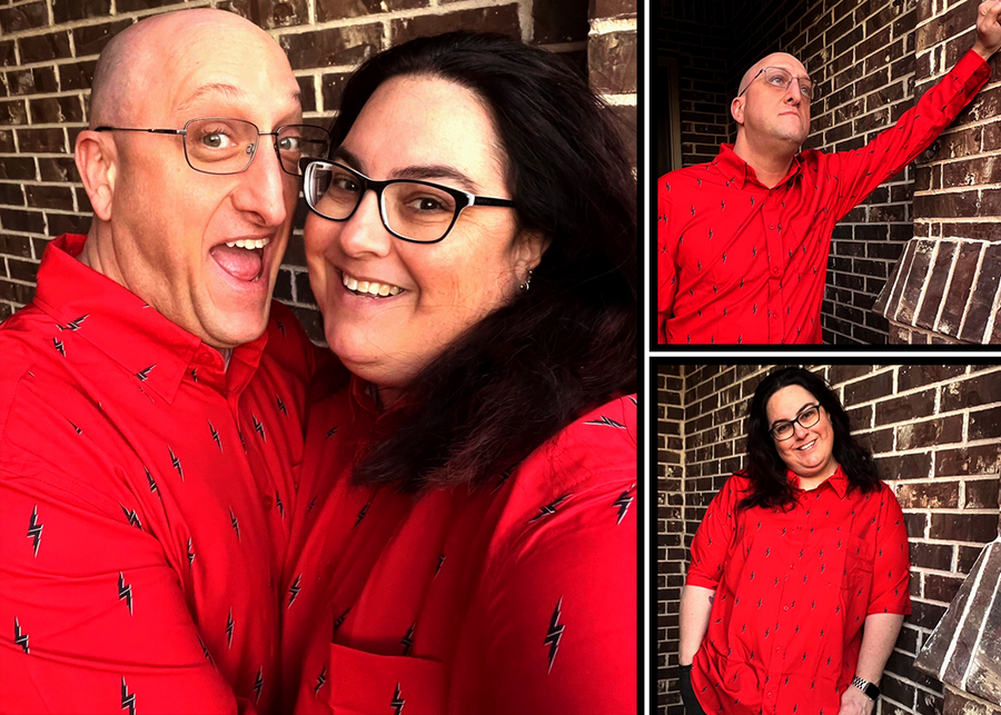 A 3 box of a couple modeling the 7-Strong Red 7-Bolt short sleeve and long sleeve shirts, featuring black 7-bolts with a white drop shadow interspersed on a red background. Left box features the models side-by-side in a medium shot. Top right box has male model sporting long-sleeve. Bottom left box has female in short sleeve.  