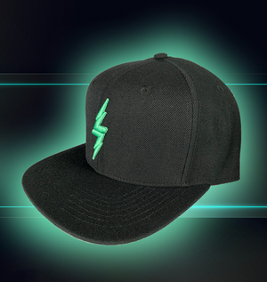Black snapback hat on a futuristic background, hat features the mint version of the 7-Strong bolt logo.
