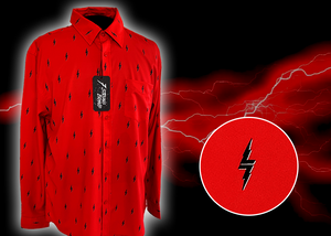 Full view of the 7-Strong Red 7-Bolt long sleeve shirt, featuring black 7-bolts with a white drop shadow interspersed on a red background. The shirt is featured on a red lightning storm backdrop. The bottom left features a detail circle showing the 7-bolt design up close.
