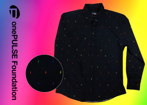 Full view of long sleeve adult button down shirt, black as base color and adorned with multicolored version of our 7-Bolt design. Shirt is on a multicolor gradient-like background, in the left corner there is a circled out close up of the colored 7-bolts and on the side on the left, the logo for onePULSE Foundation, our cause collection partner. 