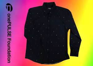 Full view of long sleeve adult button down shirt, black as base color and adorned with multicolored version of our 7-Bolt design. Shirt is on a multicolor gradient-like background, and on along the side left, the logo for onePULSE Foundation, our cause collection partner.